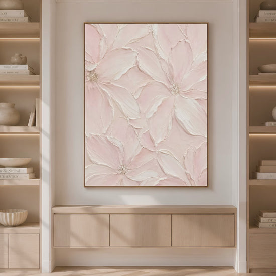 Blush pink floral wall art in built-in bookshelf, neutral living room decor video preview