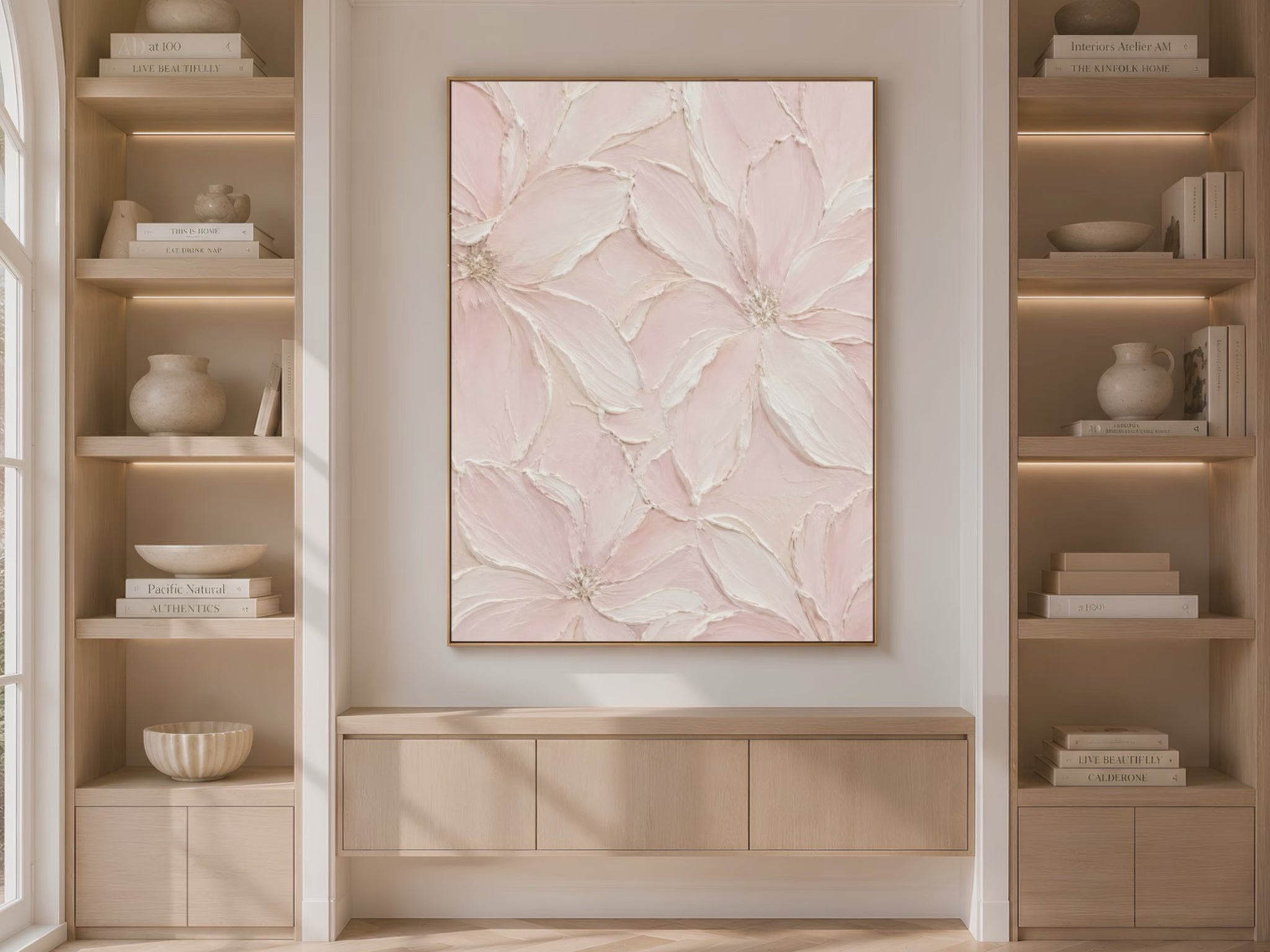 Blush pink floral wall art in built-in bookshelf, neutral living room decor video preview