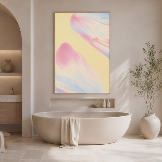 Pastel gradient wall art above bathroom tub, soft pastel bathroom decor mockup