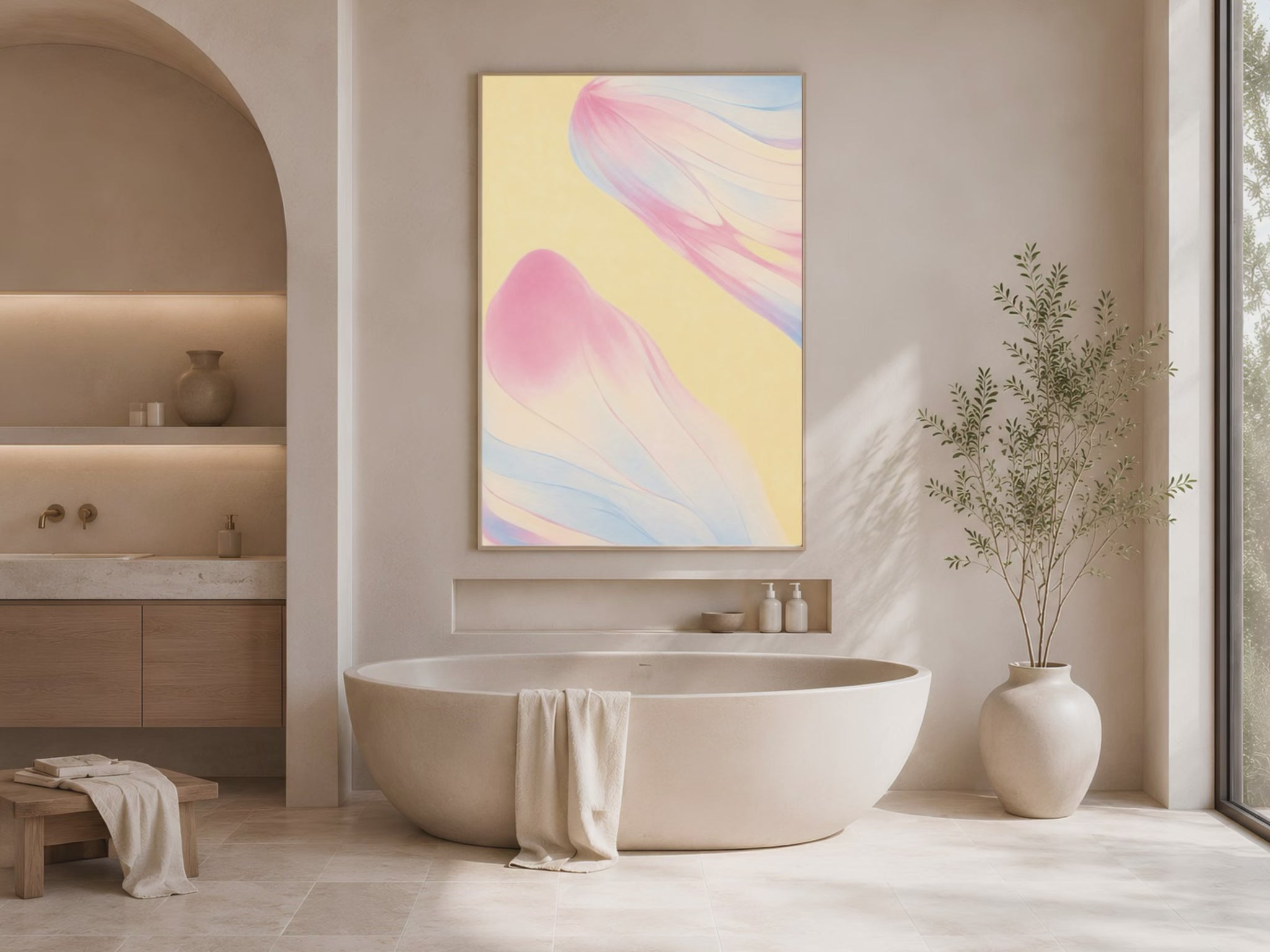 Pastel gradient wall art above bathroom tub, soft pastel bathroom decor mockup