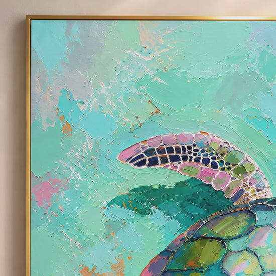 Video thumbnail close-up of impasto sea turtle painting showing teal, green, and blush pink brushwork and shell detail
