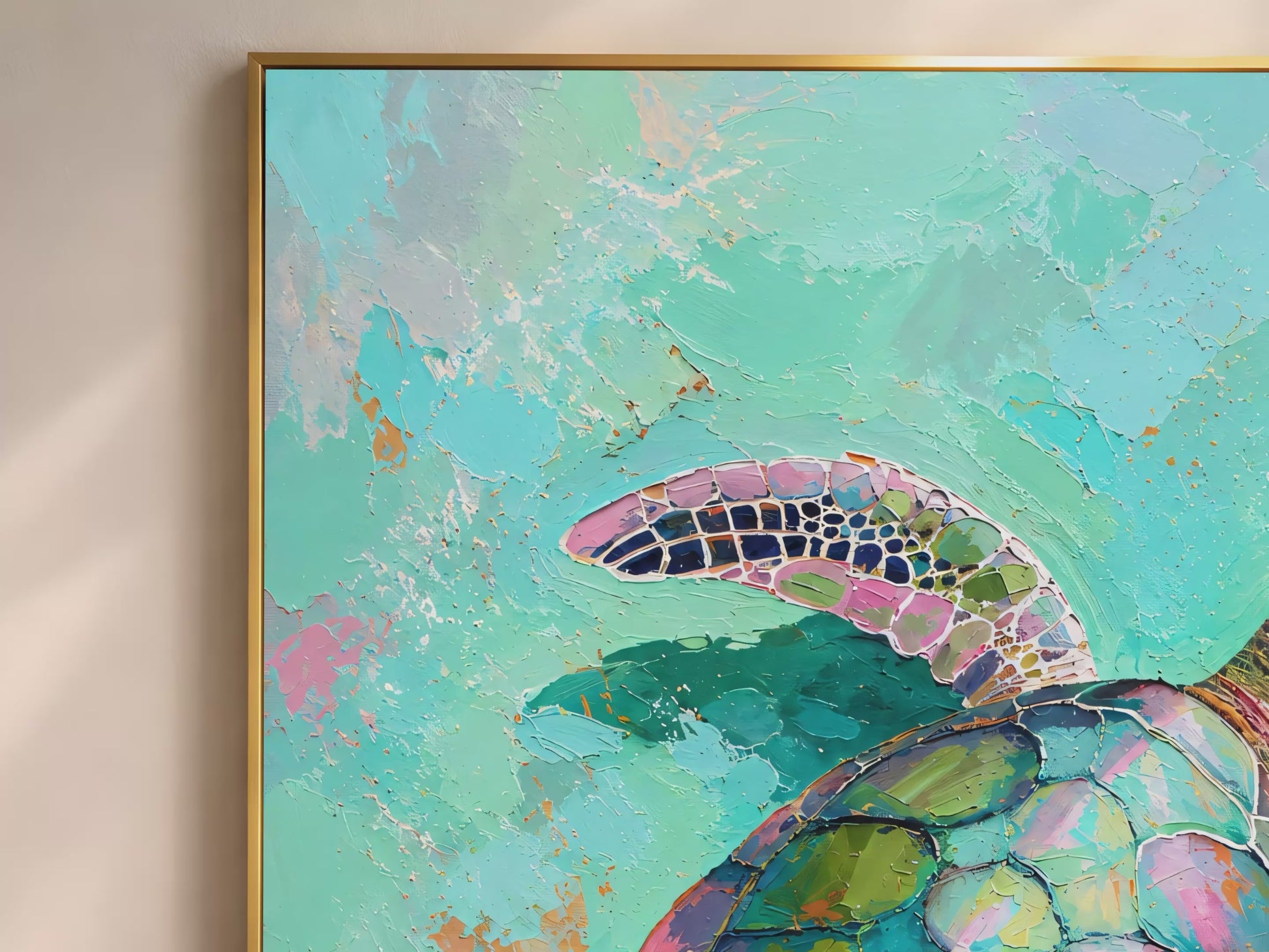 Video thumbnail close-up of impasto sea turtle painting showing teal, green, and blush pink brushwork and shell detail
