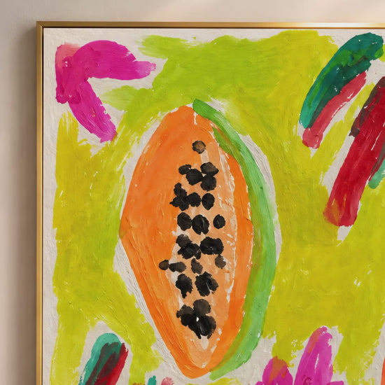 Colorful papaya wall art video mockup thumbnail showing the bold orange papaya illustration with chartreuse background and expressive pink and red brushstrokes in a warm interior setting
