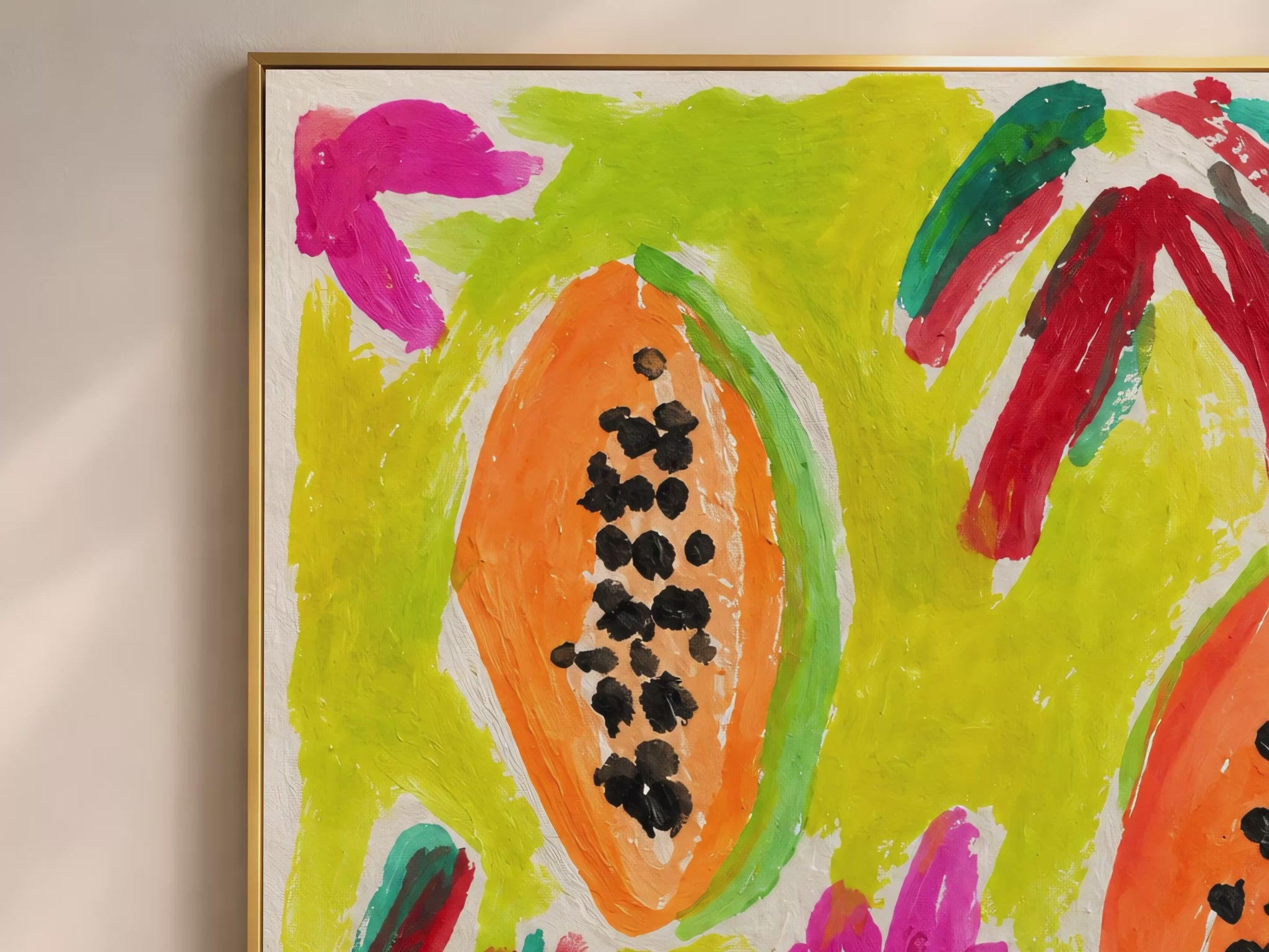 Colorful papaya wall art video mockup thumbnail showing the bold orange papaya illustration with chartreuse background and expressive pink and red brushstrokes in a warm interior setting

