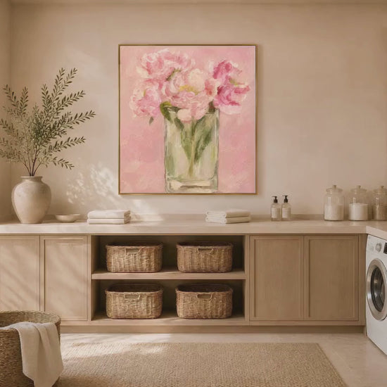 Peony vase print in gold frame above a laundry room countertop, video preview