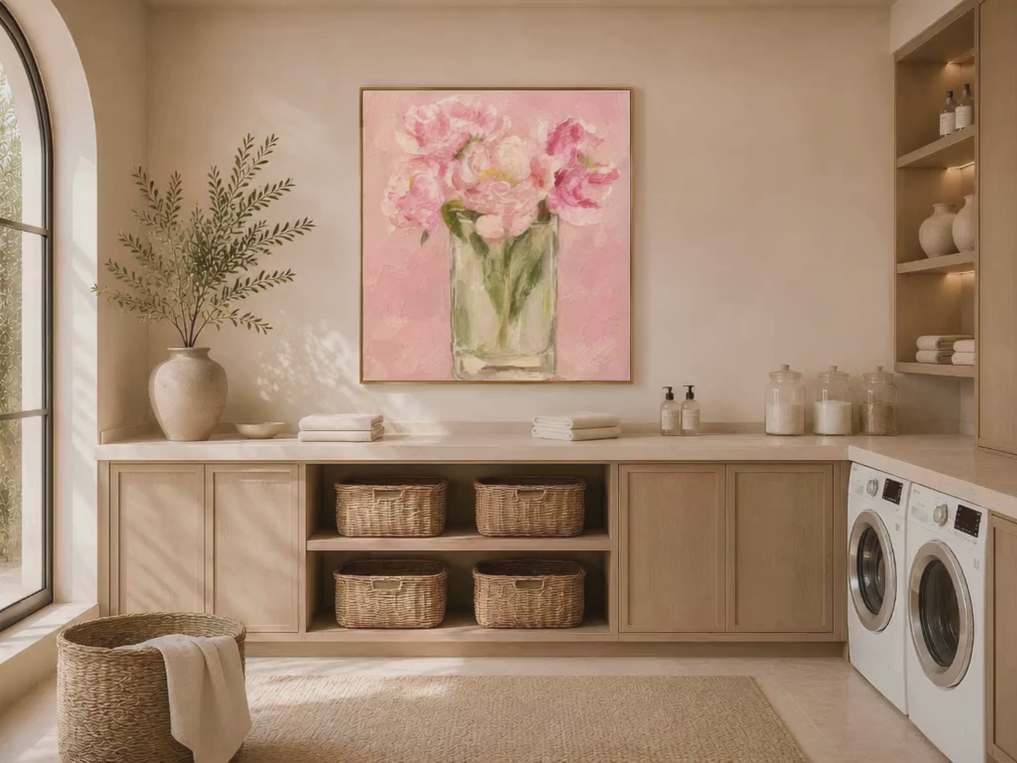 Peony vase print in gold frame above a laundry room countertop, video preview