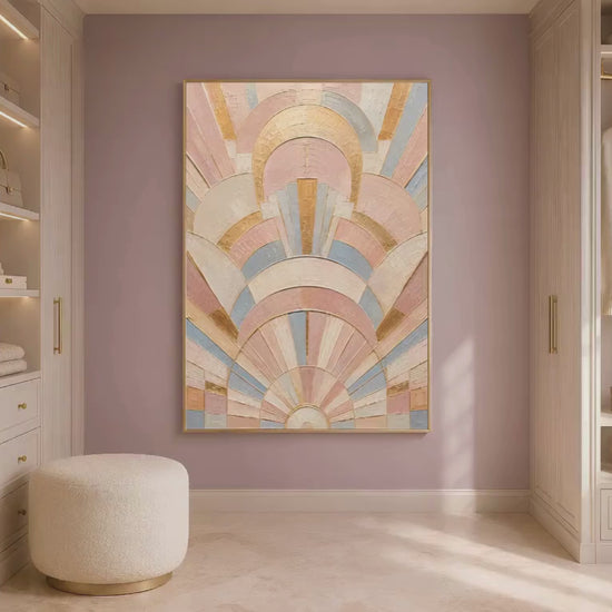 Pastel art deco print in gold frame leaning against mauve wall on light wood floor in dressing room (video)
