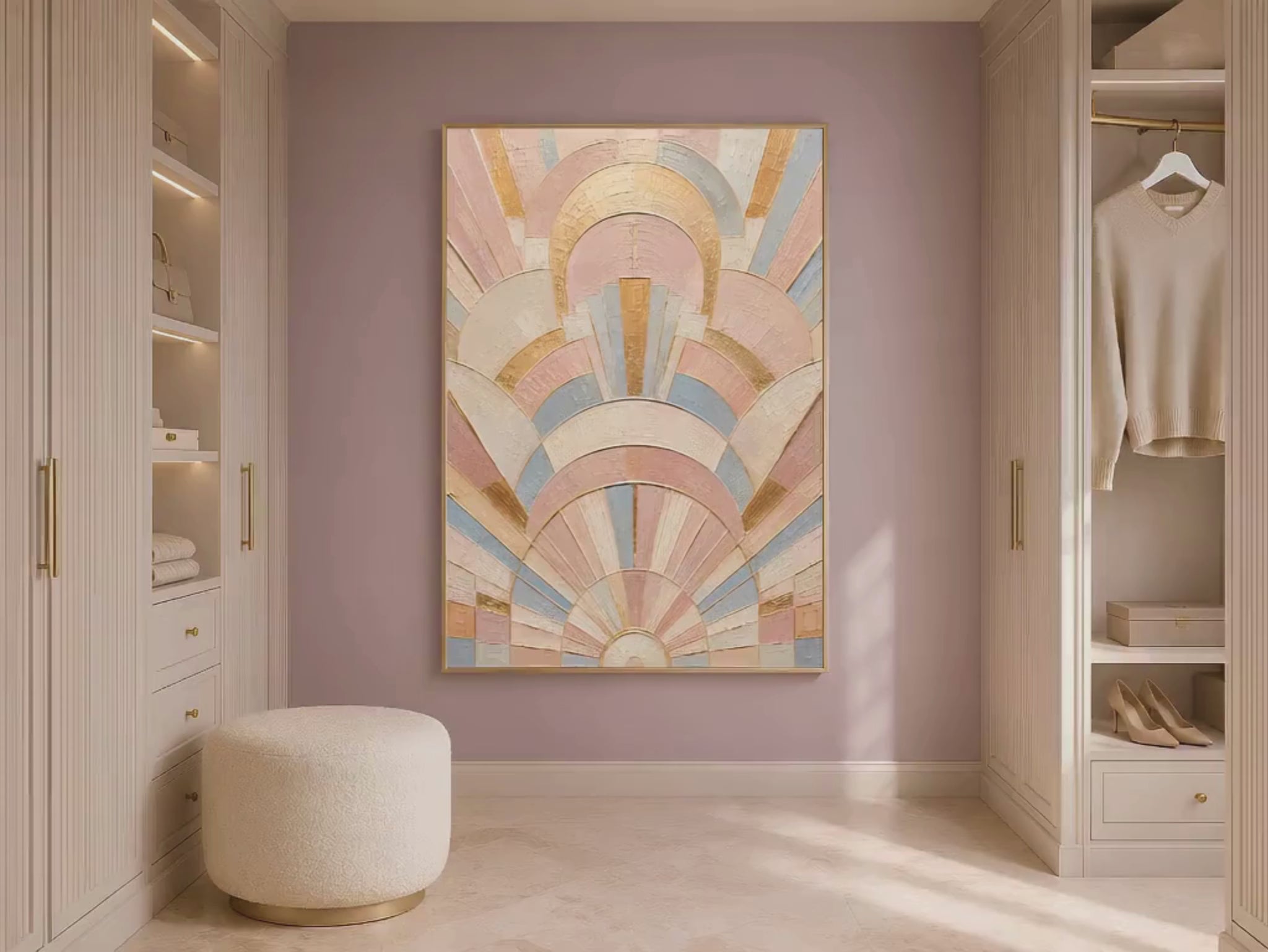 Pastel art deco print in gold frame leaning against mauve wall on light wood floor in dressing room (video)
