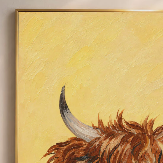 Video thumbnail close-up of impasto baby highland cow painting showing shaggy fur texture and horns against marigold yellow background
