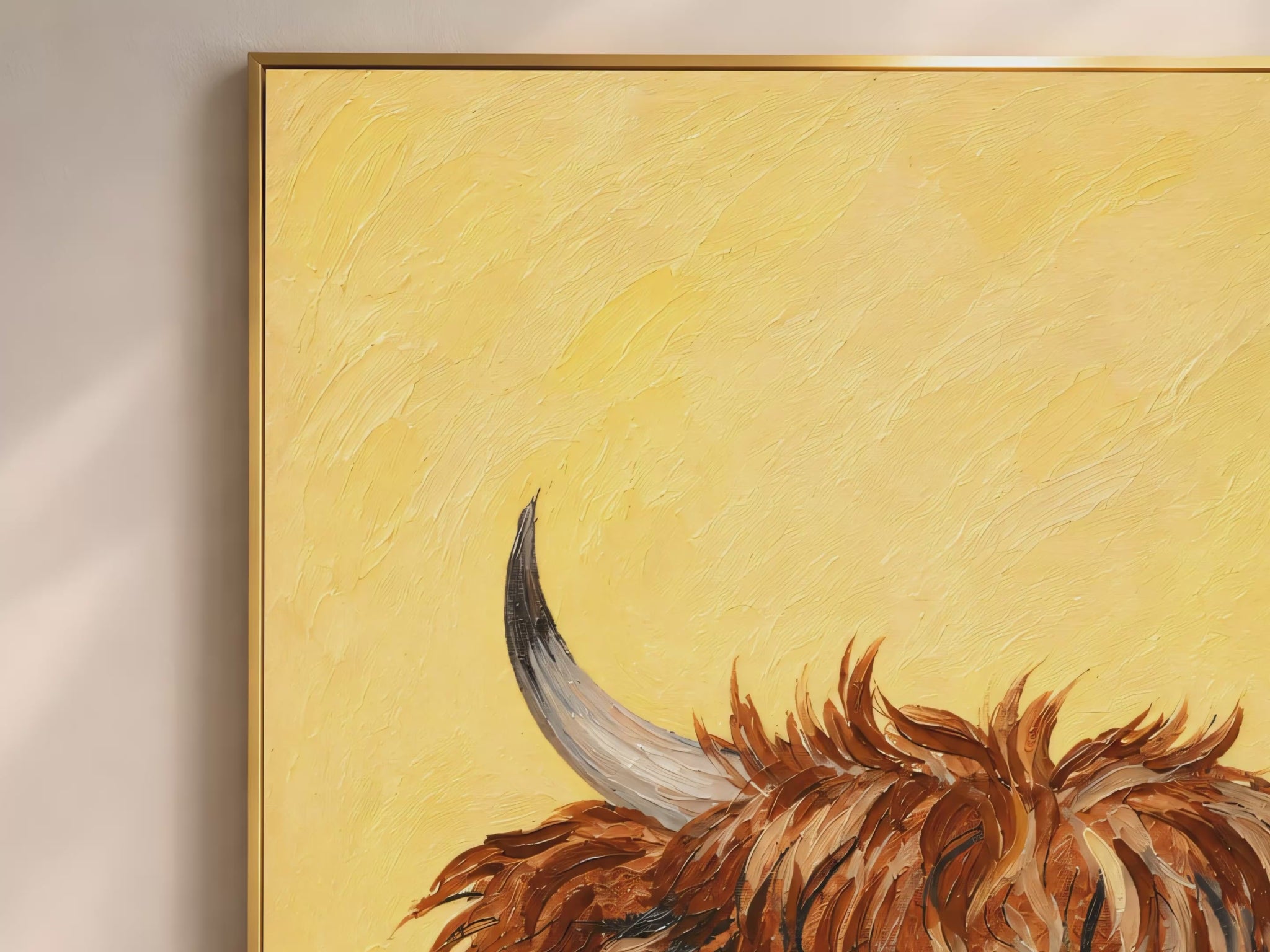Video thumbnail close-up of impasto baby highland cow painting showing shaggy fur texture and horns against marigold yellow background

