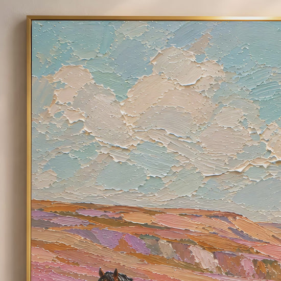 Two chestnut horses in a lavender coastal meadow impasto oil painting video mockup thumbnail showing the full painting with turquoise ocean, pink and lavender wildflowers, and creamy impasto sky in a warm interior setting
