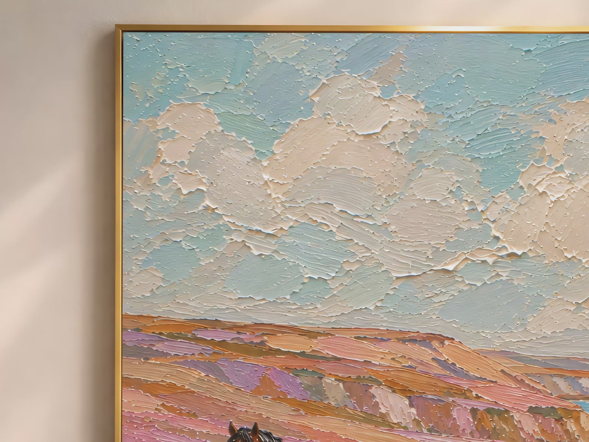 Two chestnut horses in a lavender coastal meadow impasto oil painting video mockup thumbnail showing the full painting with turquoise ocean, pink and lavender wildflowers, and creamy impasto sky in a warm interior setting
