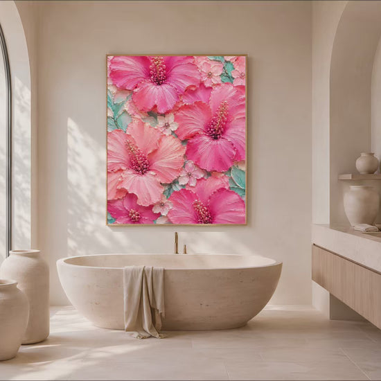 Pink hibiscus wall art hanging in a spa-style bathroom with freestanding tub (video)