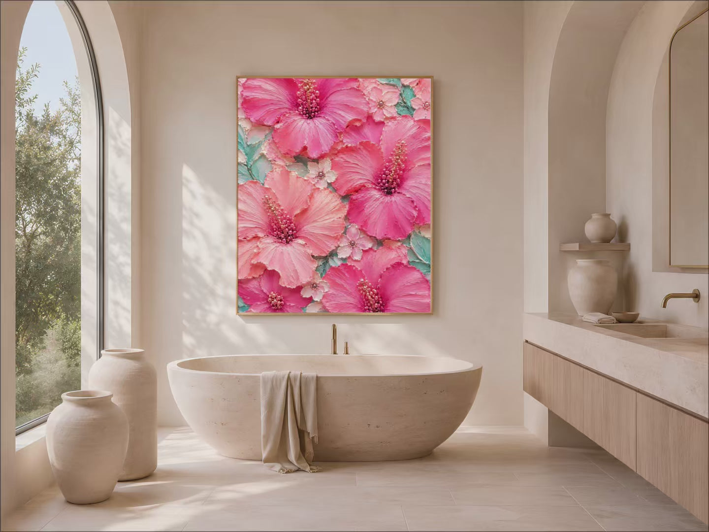 Pink hibiscus wall art hanging in a spa-style bathroom with freestanding tub (video)