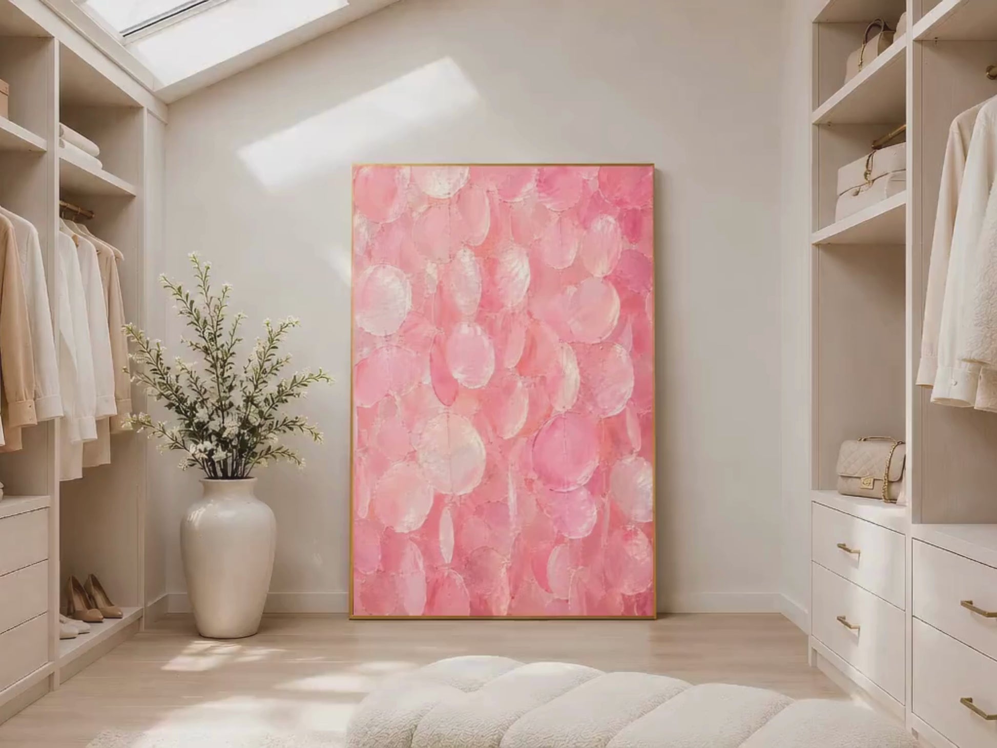 Pink capiz shell wall art print in a gold frame inside a bright walk-in closet with white shelving, a potted plant, and soft neutral flooring
