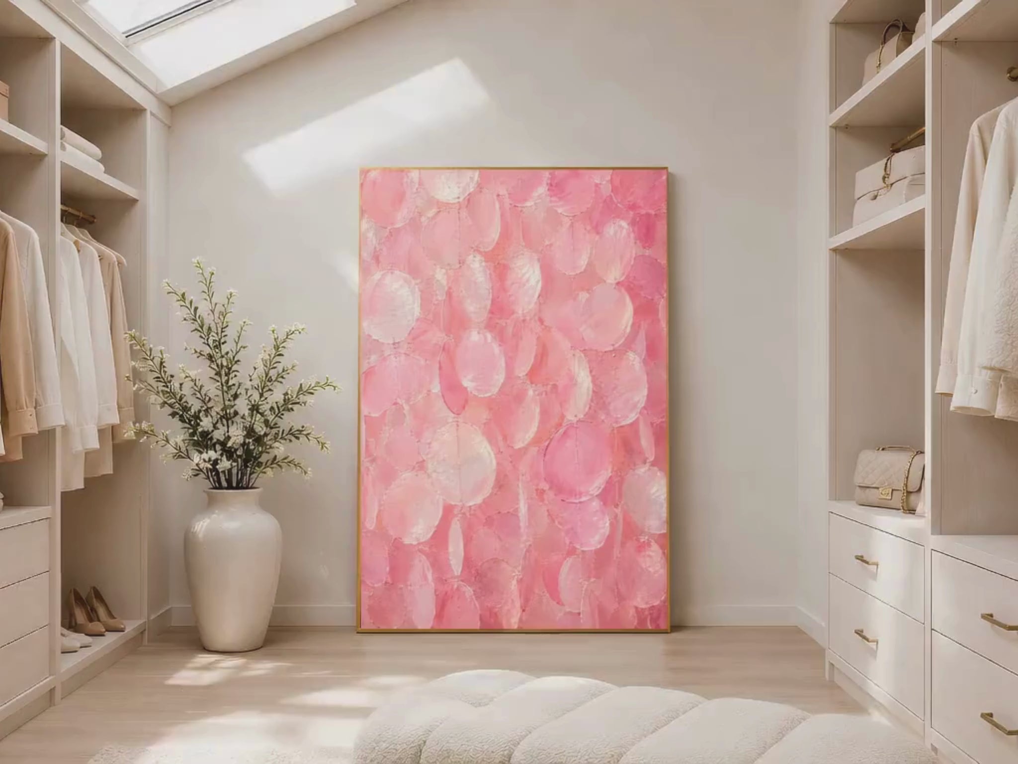 Pink capiz shell wall art print in a gold frame inside a bright walk-in closet with white shelving, a potted plant, and soft neutral flooring
