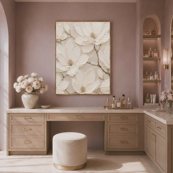 Ivory magnolia wall art in arched living room nook, neutral home decor mockup