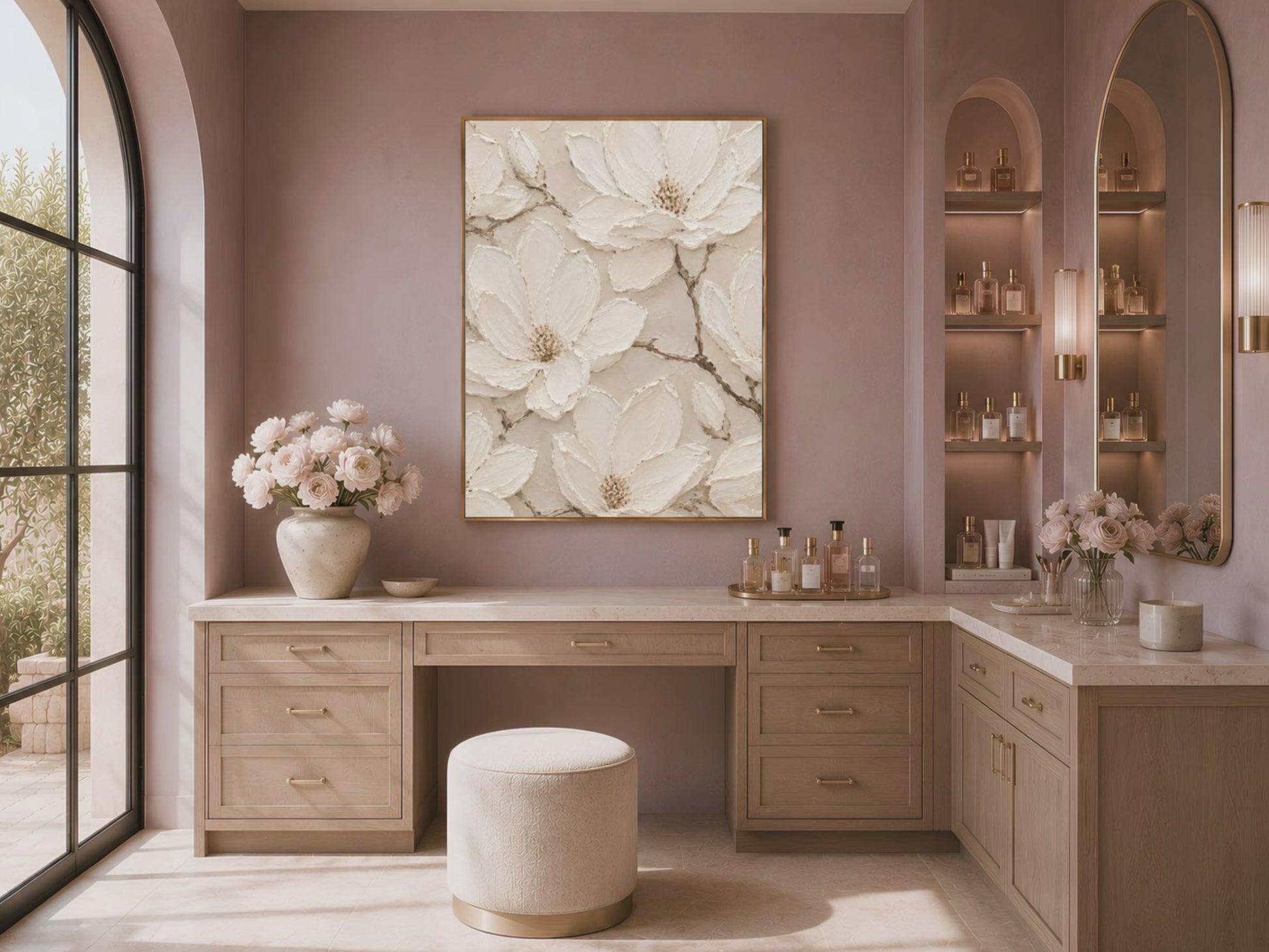 Ivory magnolia wall art in arched living room nook, neutral home decor mockup
