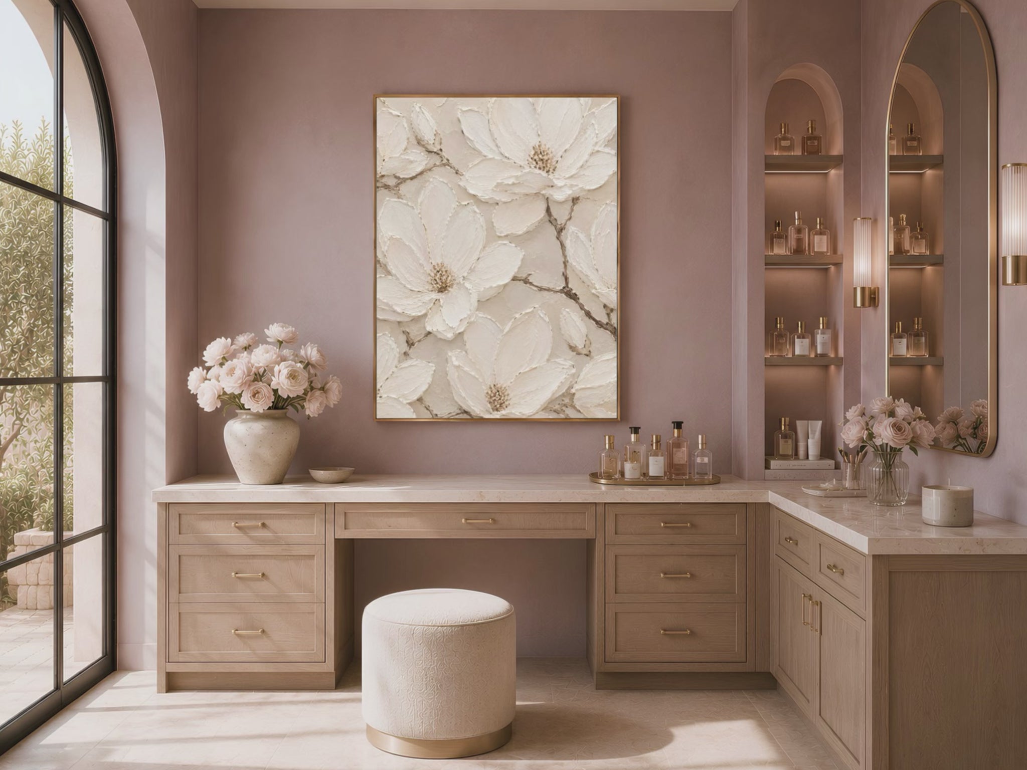 Ivory magnolia wall art in arched living room nook, neutral home decor mockup