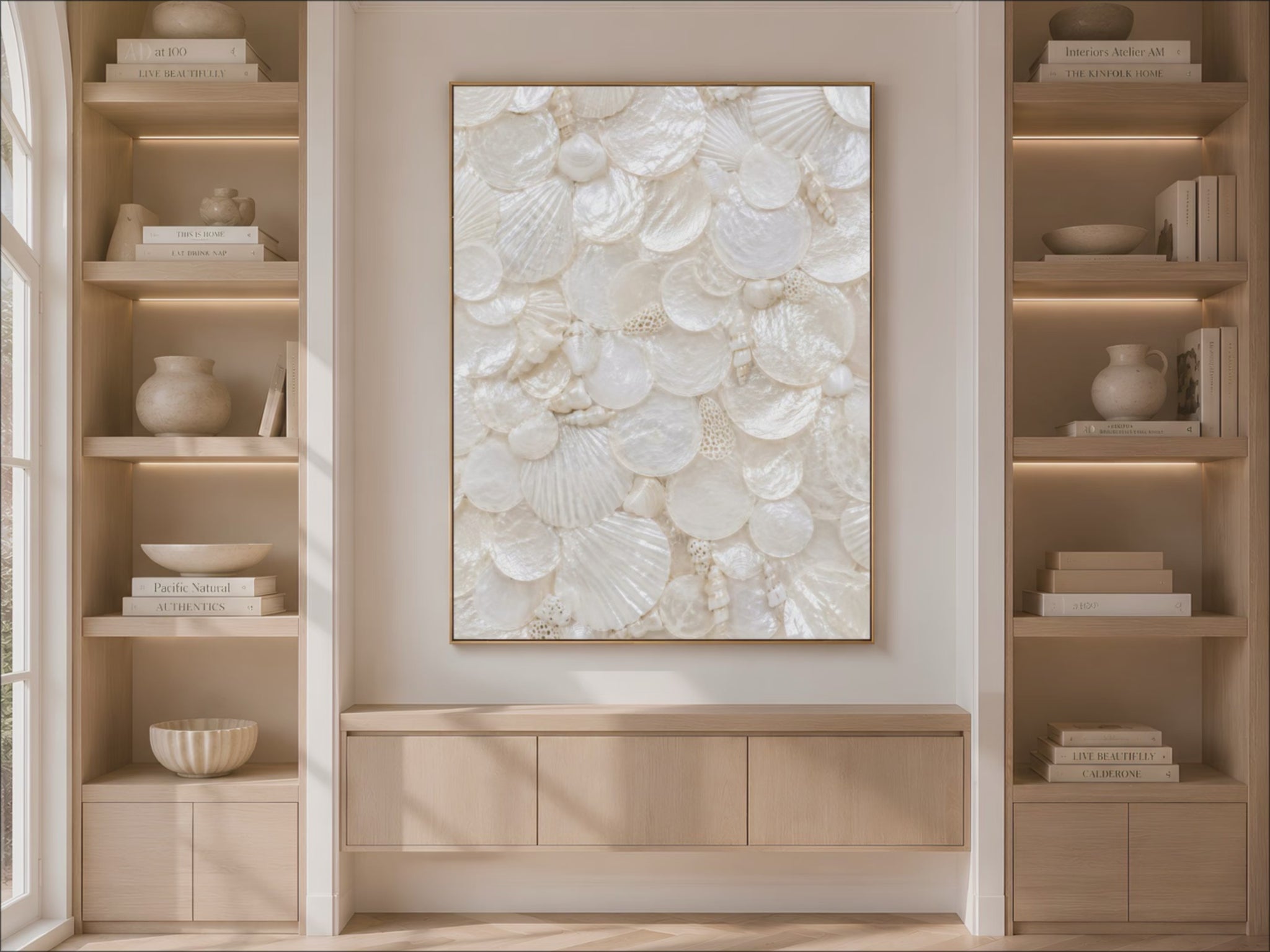Video preview of iridescent seashell print displayed in a built-in bookshelf niche between styled shelves and a wood cabinet.