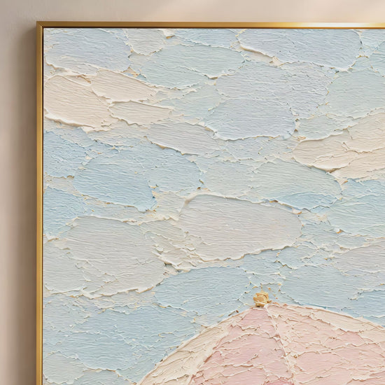 Video thumbnail showing close-up of thick impasto texture on beach scene wall art with blush pink umbrella and chalky sky blue brushstrokes
