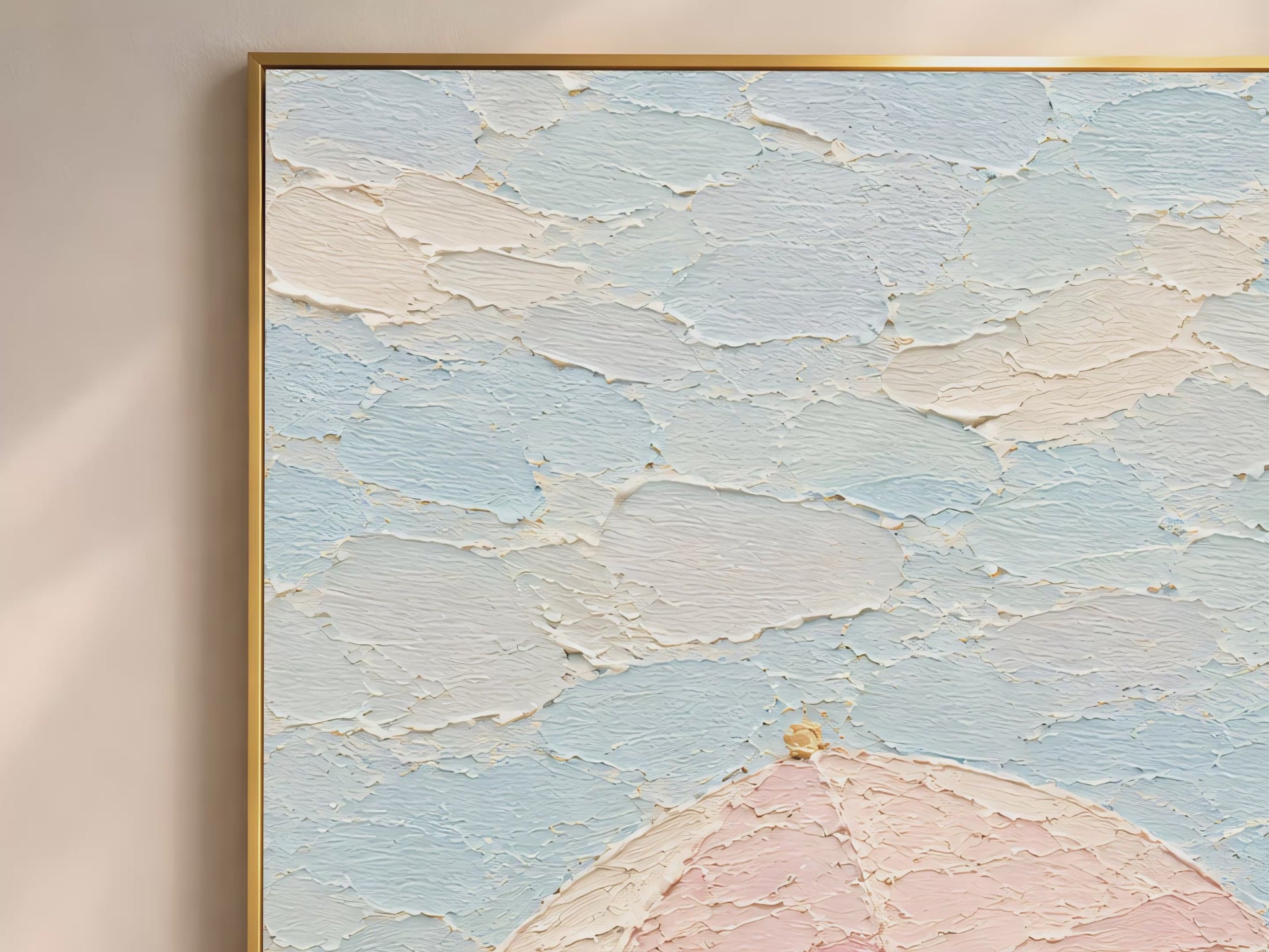 Video thumbnail showing close-up of thick impasto texture on beach scene wall art with blush pink umbrella and chalky sky blue brushstrokes
