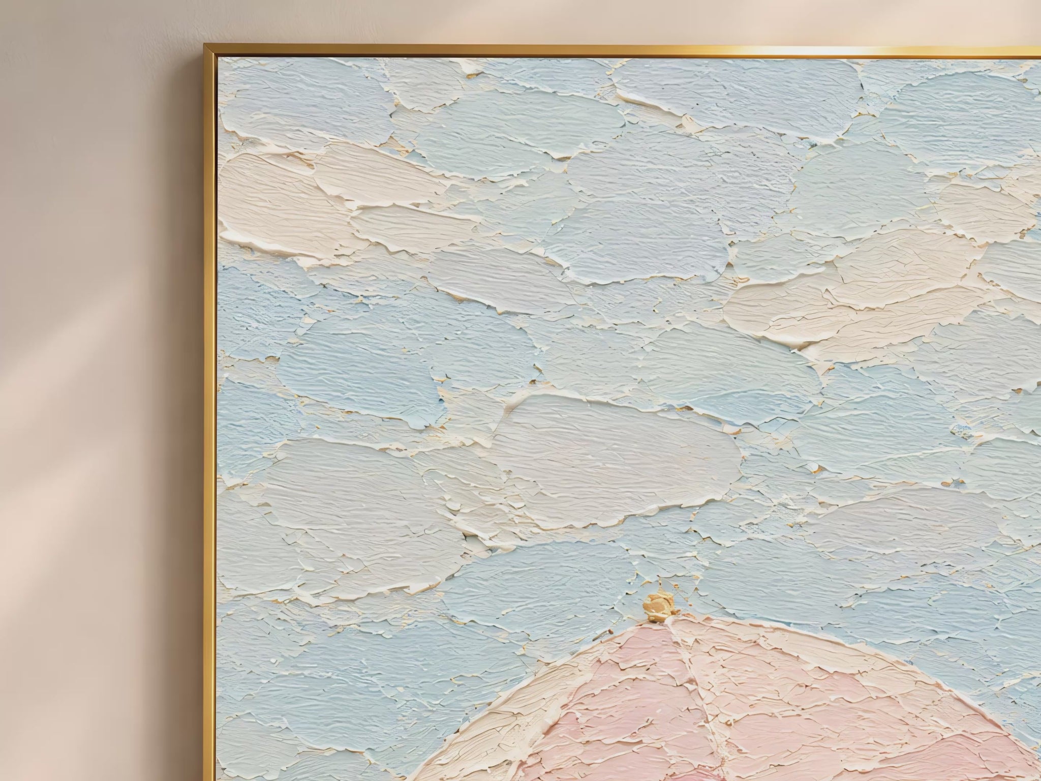 Video thumbnail showing close-up of thick impasto texture on beach scene wall art with blush pink umbrella and chalky sky blue brushstrokes
