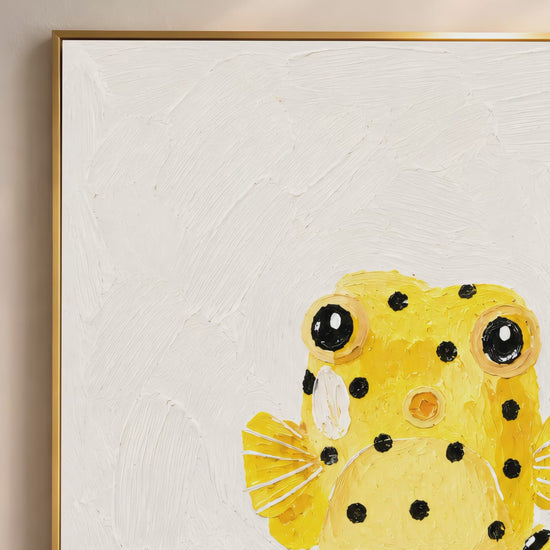Video thumbnail of impasto yellow boxfish wall art in gold frame showing full polka-dot fish composition on cream background
