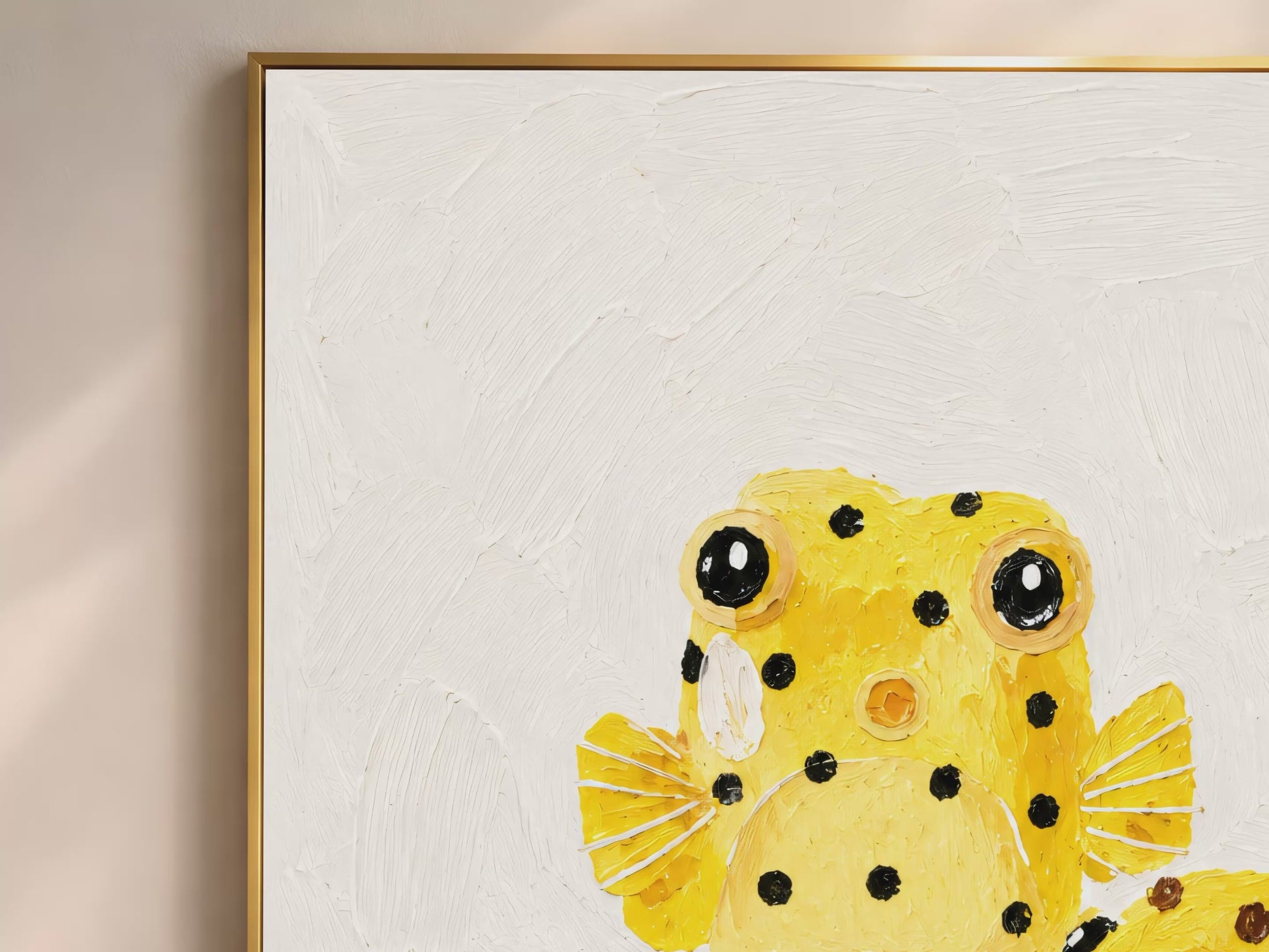 Video thumbnail of impasto yellow boxfish wall art in gold frame showing full polka-dot fish composition on cream background
