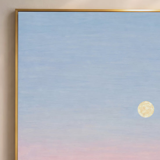 Pastel moon ocean wall art video preview in gold frame, blue and pink moonlit seascape
