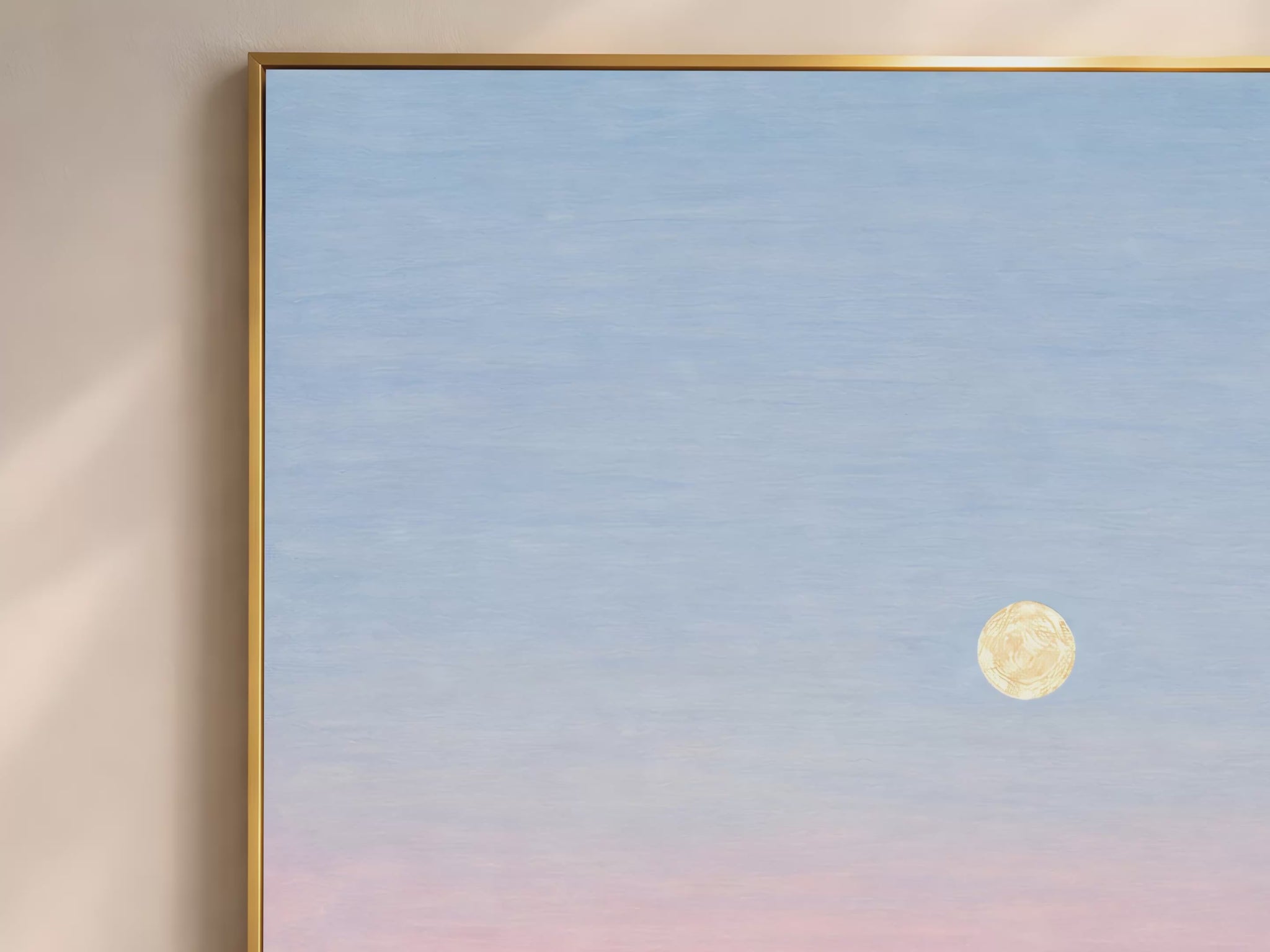 Pastel moon ocean wall art video preview in gold frame, blue and pink moonlit seascape
