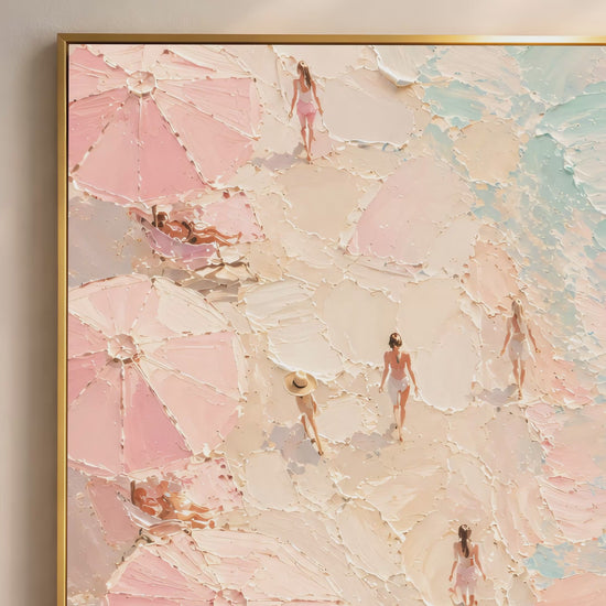 Close-up macro detail of aerial beach impasto painting texture in pink, peach, cream and teal showing thick palette knife strokes and tiny figures (video thumbnail)
