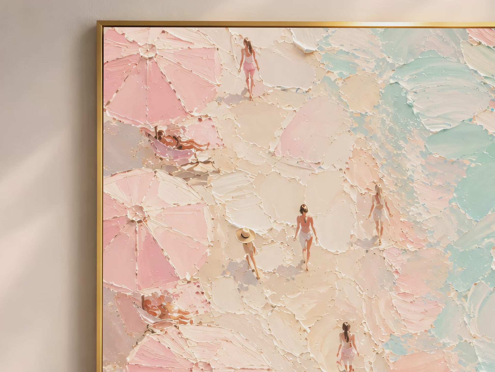 Close-up macro detail of aerial beach impasto painting texture in pink, peach, cream and teal showing thick palette knife strokes and tiny figures (video thumbnail)
