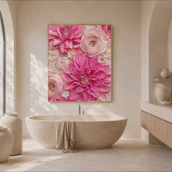 Hot pink dahlia impasto print styled above a freestanding tub in a spa-style bathroom (video)
