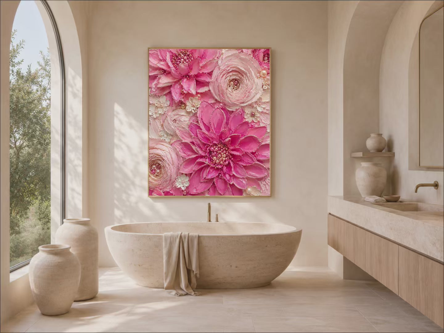 Hot pink dahlia impasto print styled above a freestanding tub in a spa-style bathroom (video)
