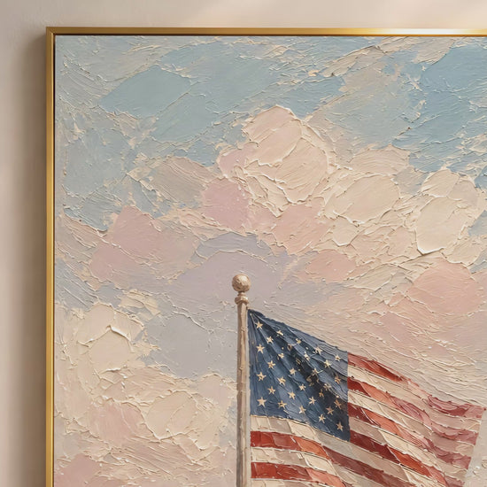 American flag wildflower field impasto oil painting video mockup thumbnail showing thick palette knife texture, faded red and soft navy flag, and pink wildflower meadow in a warm interior setting
