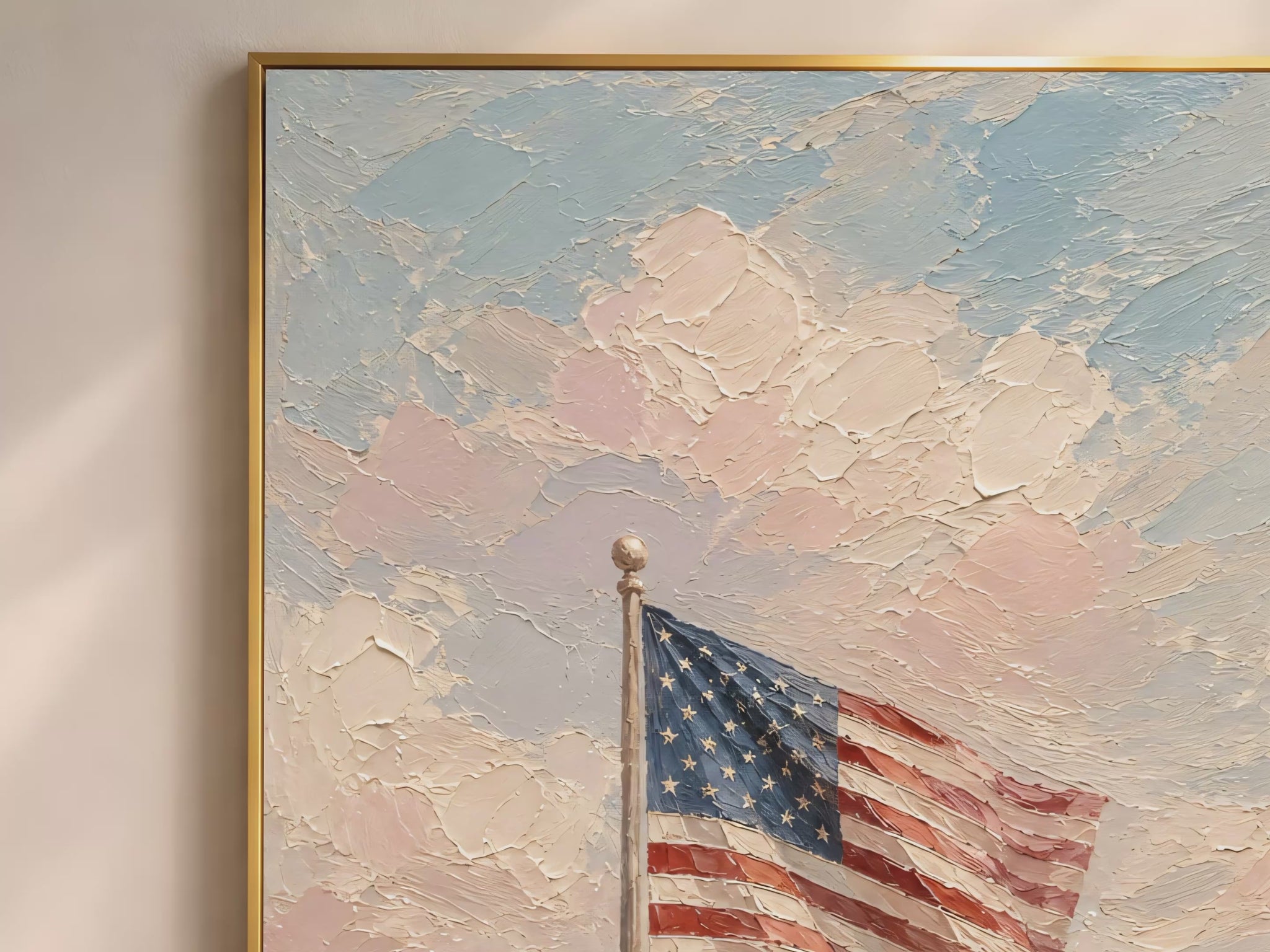American flag wildflower field impasto oil painting video mockup thumbnail showing thick palette knife texture, faded red and soft navy flag, and pink wildflower meadow in a warm interior setting
