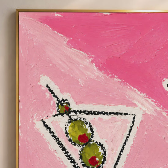 Video thumbnail close-up of impasto martini painting showing bold black outlines, green olives, and hot pink checkerboard detail
