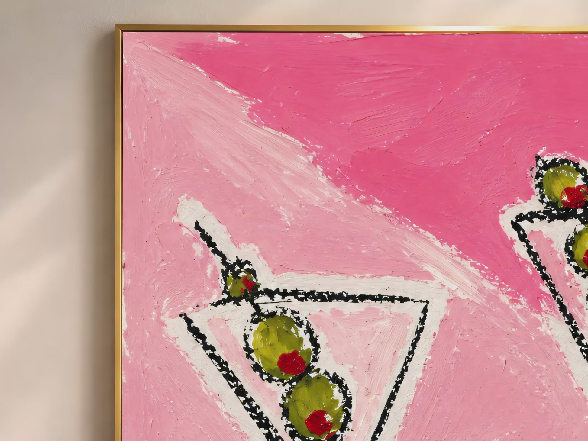 Video thumbnail close-up of impasto martini painting showing bold black outlines, green olives, and hot pink checkerboard detail
