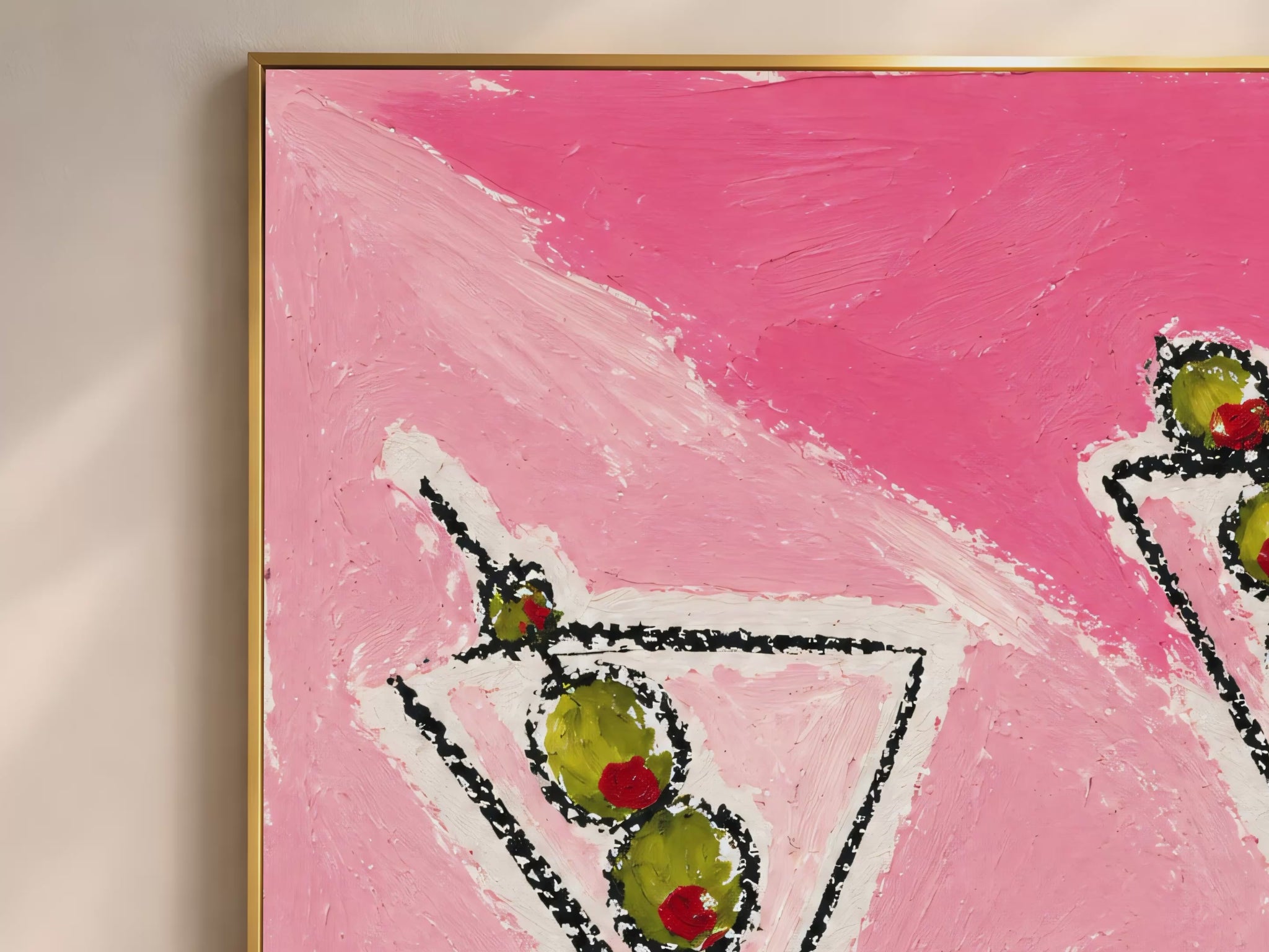 Video thumbnail close-up of impasto martini painting showing bold black outlines, green olives, and hot pink checkerboard detail
