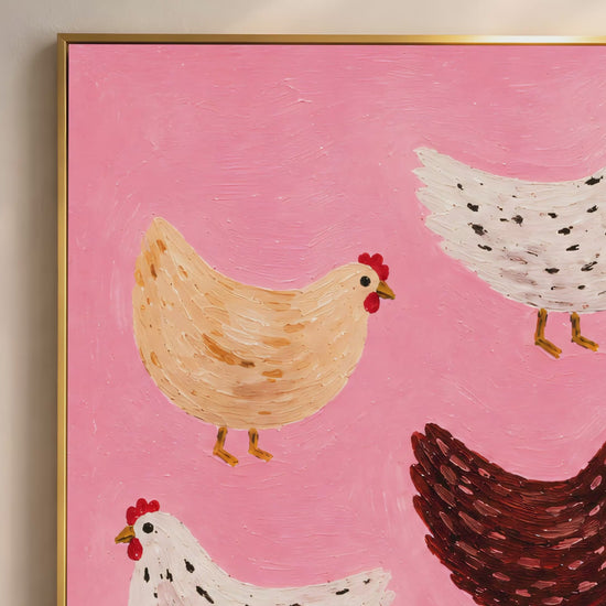 Video thumbnail close-up of impasto flock of chickens painting showing golden tan and white hens on hot pink background
