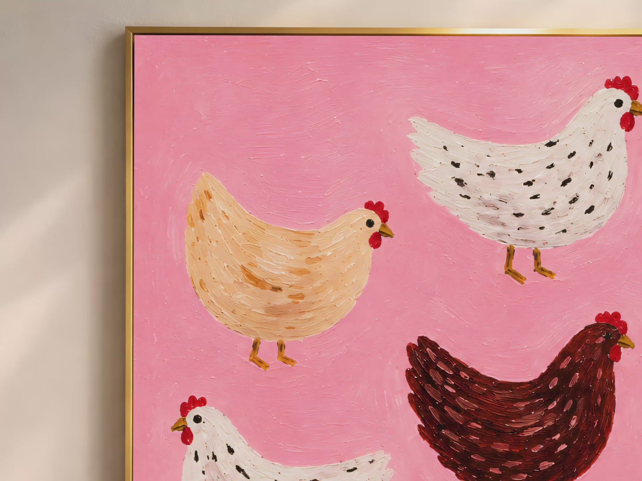 Video thumbnail close-up of impasto flock of chickens painting showing golden tan and white hens on hot pink background
