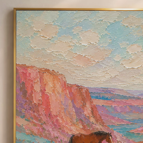 Two chestnut horses in a wildflower canyon impasto oil painting video mockup thumbnail showing thick palette knife texture, terracotta canyon walls, pink and lavender wildflowers, and creamy impasto sky in a warm interior setting
