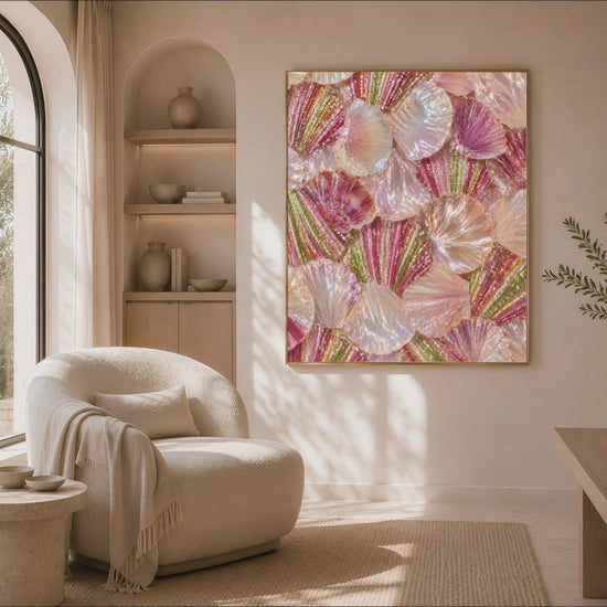 Iridescent shell wall art displayed in a cozy living room nook, glam coastal seashell painting for home decor