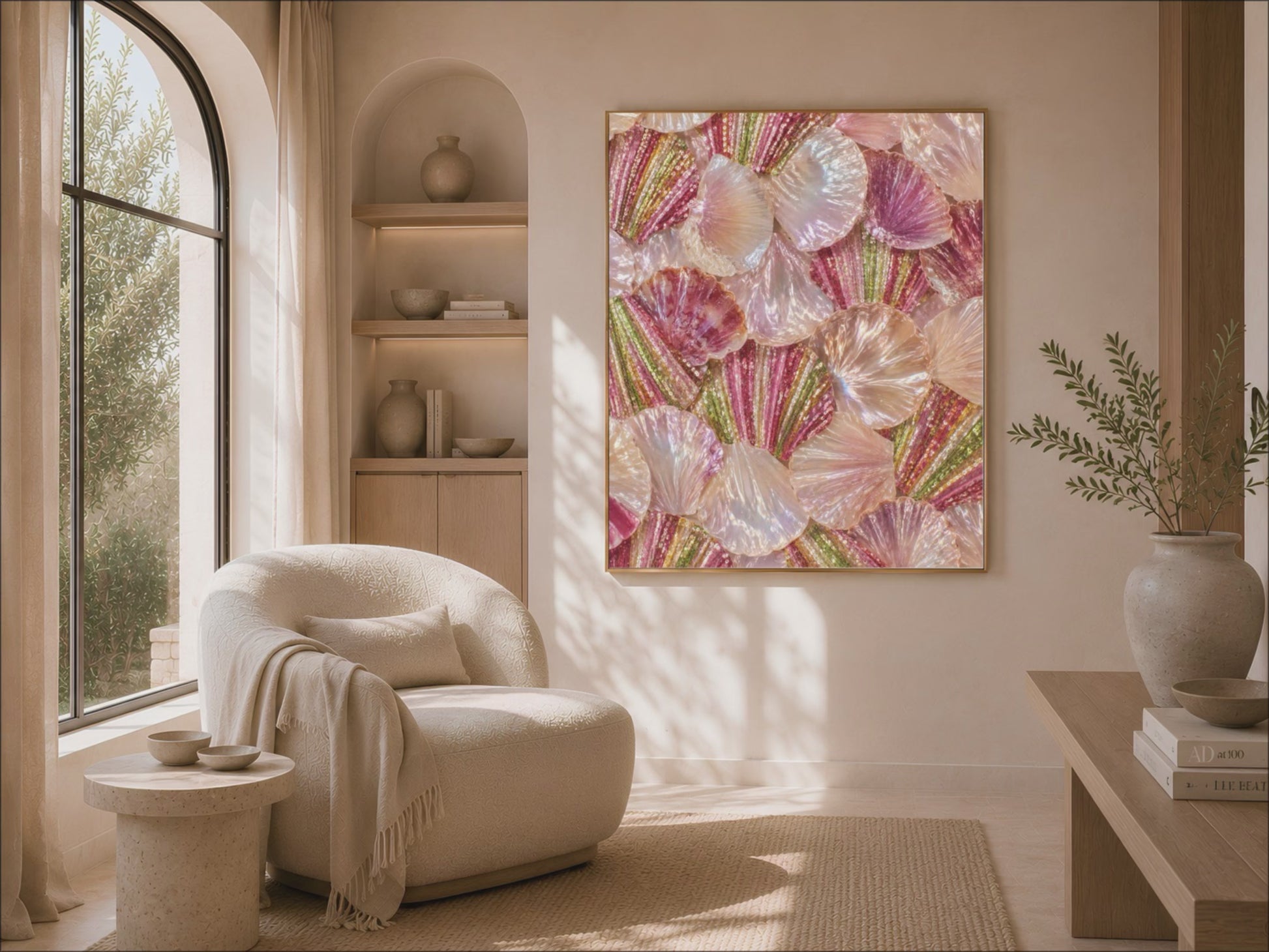 Iridescent shell wall art displayed in a cozy living room nook, glam coastal seashell painting for home decor