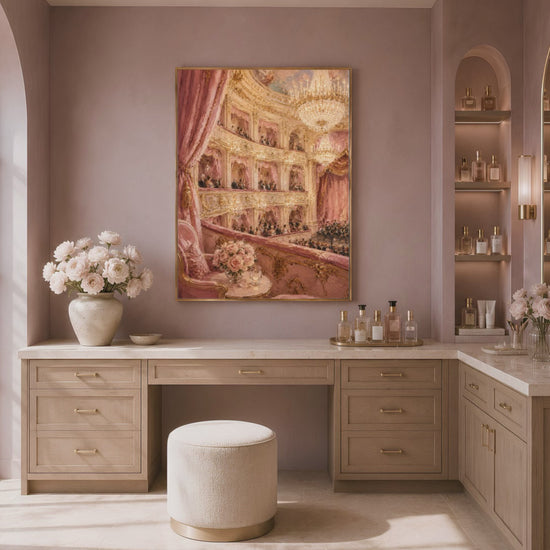 Opera house painting print above dressing room console, maximalist decor mockup