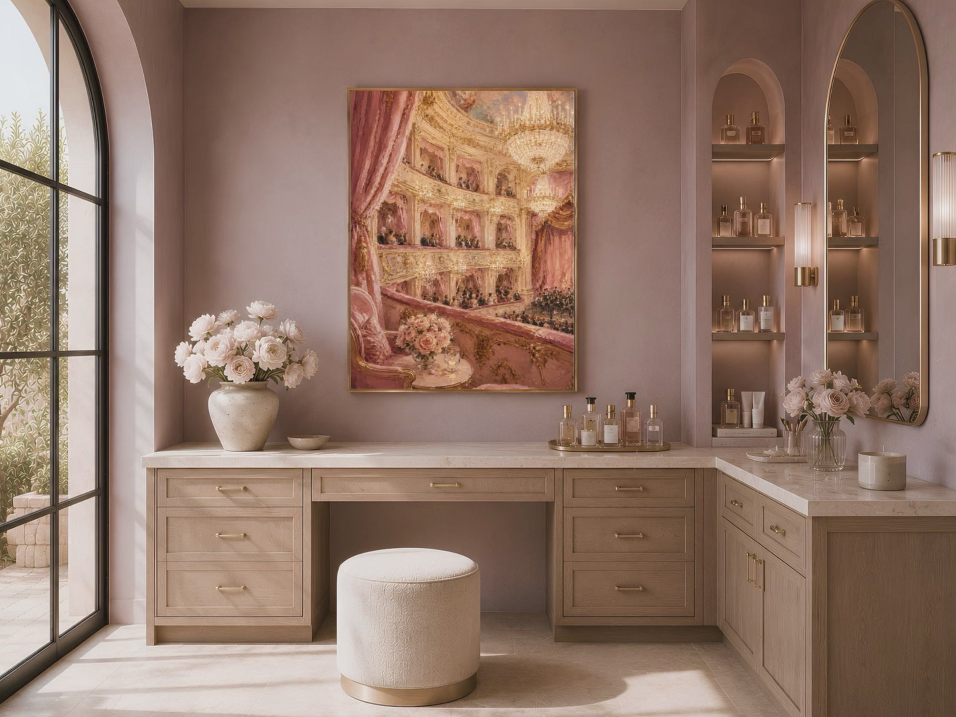Opera house painting print above dressing room console, maximalist decor mockup