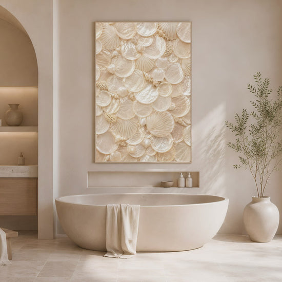 Video preview of a framed nautilus shell print displayed in a sunlit bathroom with a freestanding tub.