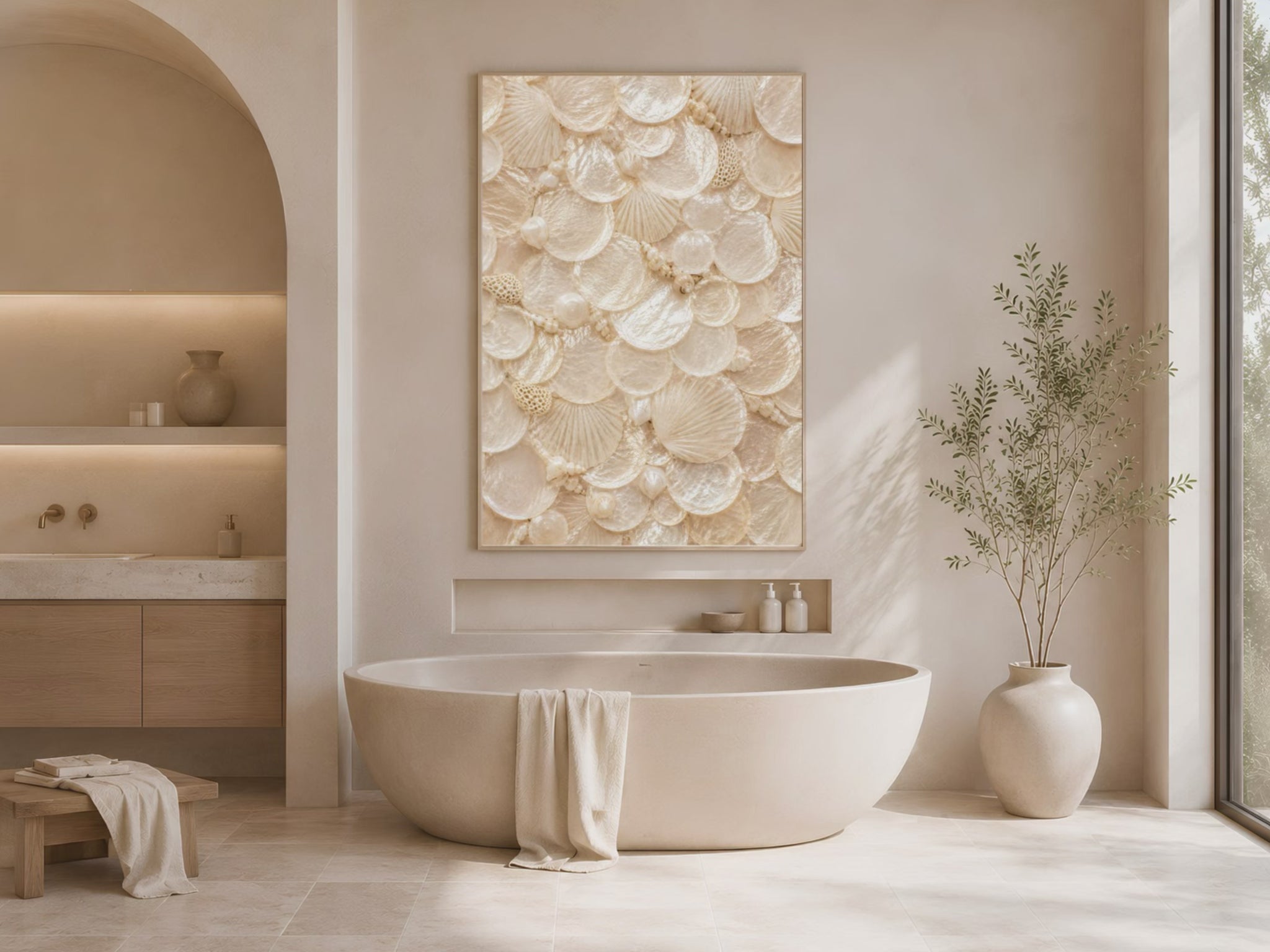 Video preview of a framed nautilus shell print displayed in a sunlit bathroom with a freestanding tub.