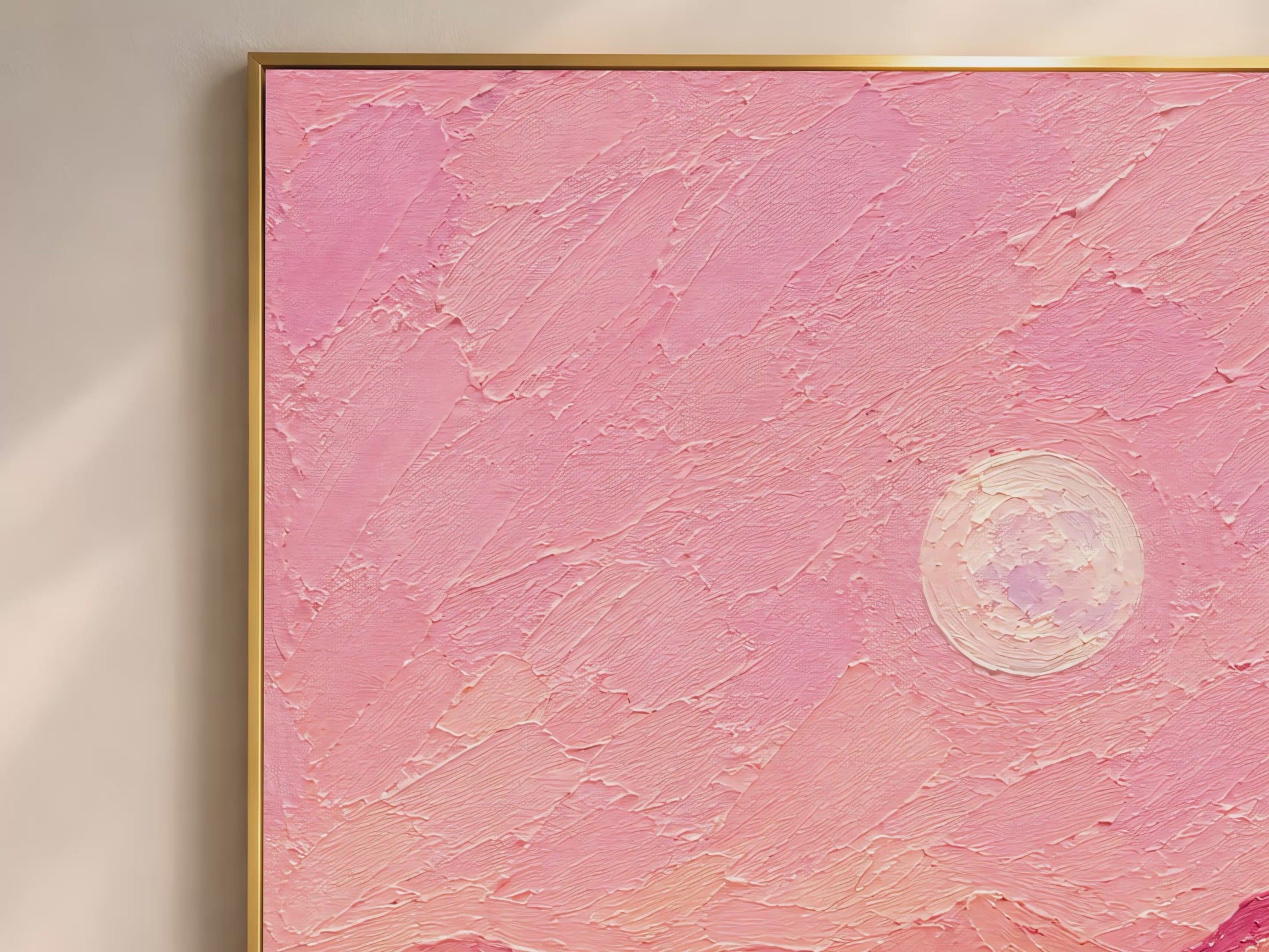 Video preview of pink desert moon wall art print showing hot pink and purple impasto texture detail.